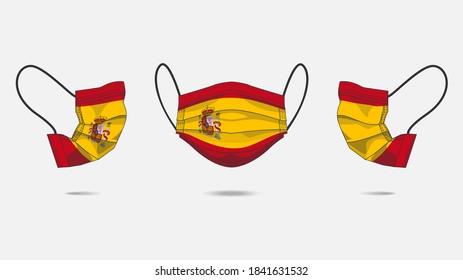 3D Vector illustration of medical face mask with flag of spain as design. Surgical mask with flag design to protect from Novel corona virus CoVid-19. Medical face for Corona virus outbreak.