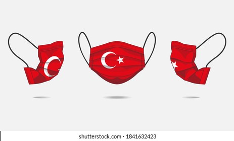 3D Vector illustration of medical face mask with turkish flag as design. Surgical mask with flag design to protect from Novel corona virus CoVid-19. Medical face for Corona virus outbreak.
