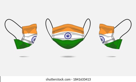 3D Vector illustration of medical face mask with indian flag as design. Surgical mask with flag design to protect from Novel corona virus CoVid-19. Medical face for Corona virus outbreak.