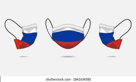 3D Vector illustration of medical face mask with russian flag as design. Surgical mask with flag design to protect from Novel corona virus CoVid-19. Medical face for Corona virus outbreak.