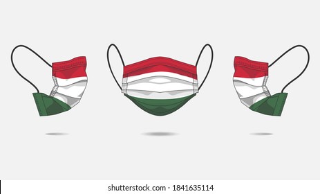 3D Vector illustration of medical face mask with Hungarian flag as design. Surgical mask with flag design to protect from Novel corona virus CoVid-19. Medical face for Corona virus outbreak.