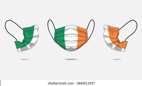 3D Vector illustration of medical face mask with Irish flag as design. Surgical mask with flag design to protect from Novel corona virus CoVid-19. Medical face for Corona virus outbreak.