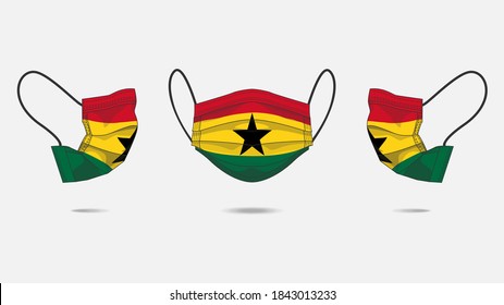 3D Vector illustration of medical face mask with Ghana flag as design. Surgical mask with flag design to protect from Novel corona virus CoVid-19. Medical face for Corona virus outbreak.