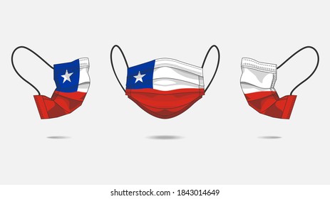 3D Vector illustration of medical face mask with the flag of chile as design. Surgical mask with flag design to protect from Novel corona virus CoVid-19. Medical face for Corona virus outbreak.