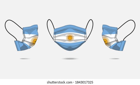 3D Vector illustration of medical face mask with Argentina flag as design. Surgical mask with flag design to protect from Novel corona virus CoVid-19. Medical face for Corona virus outbreak.