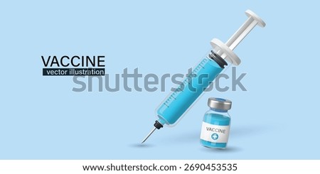 3D vector illustration of a medical syringe filled with blue liquid next to a vaccine vial on a light blue background. Concept for vaccination, immunization, global health, virus treatment, and medica