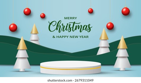 3D-Vektorgrafik von Fröhliche Weihnachten und Frohes Neues Jahr Poster auf blauem Hintergrund, mit weißen und goldenen Kreis Bühne dekoriert, modernen Weihnachtsbaum und rote hängende Bälle für Karte, Banner.