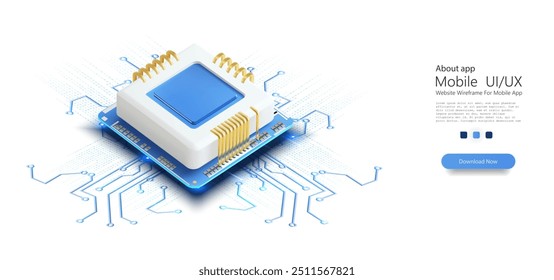 3D vector illustration of a microchip with gold connectors and digital circuit lines, representing modern technology and computing power. Semiconductor landing.