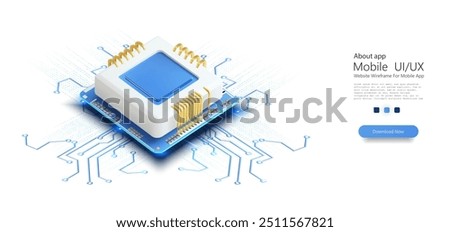 3D vector illustration of a microchip with gold connectors and digital circuit lines, representing modern technology and computing power. Semiconductor landing.