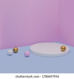 Ilustración vectorial 3d. Podio redondo mínimo en rosa y azul con bolas de oro. Fondo abstracto, Minimalista, Realista, Colores pastel. 3 quinquies de representación. Para presentación, exposición, cosmética de visualización