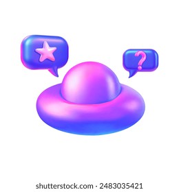 3D vector illustration minimalism gradient pink and blue UFO with speech bubbles hovering above it with star and question mark. Feedback concept, ask a question.