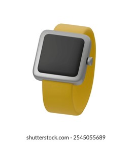 3D vector illustration of  minimalist smartwatch with sleek design. The device has yellow band and square face, perfect for fitness and health tracking visuals, wearable technology, and mobile