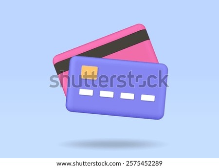 3D vector illustration of a minimalistic credit or debit card icon. The blue color on the light blue background adds a comfortable feel to the checkout. Online transactions, banking services, finance