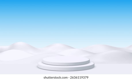 Ilustração vetorial 3D de colinas de neve minimalista e pódio branco