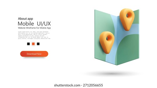 Ilustración vectorial en 3D de la página de aterrizaje de UX del App móvil con Botón de Descarga y mapa plegado que muestra dos pines de ubicación naranjas para la navegación GPS y el concepto de seguimiento de ubicación
