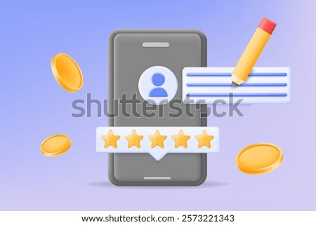 3d vector illustration, Mobile app with a profile icon, 5-star rating, bubble chat feedback and pencil, golden coins. for reviews, feedback, and reward concepts in digital platforms