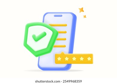 3D vector illustration, mobile phone with a green shield checkmark and 5-star rating. user review security rating app