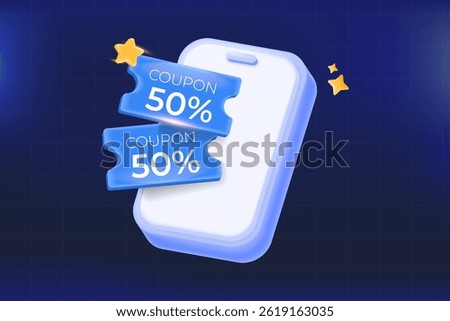 3D vector illustration, mobile phone with 50% discount coupons, for online shopping, e-commerce sales, promo codes, and digital marketing campaigns