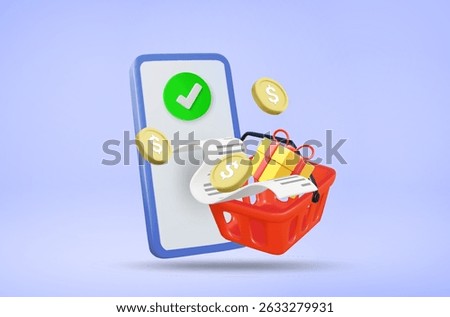 3D vector illustration of mobile phone showing check mark on screen with receipt, basket, gift box and dollar coin, signifying successful purchase, confirmation, gift or special deal.