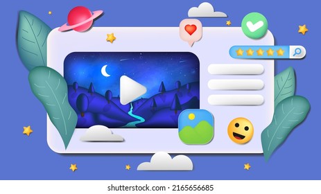 3D-Vektorgrafik.  Moderner Design-Stil. Online-Shop, Online-Zahlung und Lieferkonzept mit schwimmenden Elementen. Verkaufsbanner, Geschenkbox. Emoji und Video mit Nachtlandschaft.