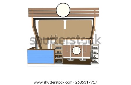 3D vector illustration of a modern exhibition booth or kiosk design. Minimalist wooden structure with counter, bar stools, shelves, and display area for products. Suitable for trade shows, retail stan