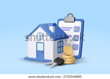 3D vector illustration of modern house clipboard with checklist gold coins and car keys on pastel blue background. Concept for real estate property investment mortgage loan buying home banner template