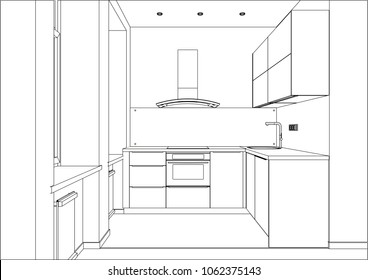 3D vector illustration. Modern kitchen design in apartment interior. Led spots. Kitchen cabinets sketch with decorations and appliances. Drawers. Cooker hood, sink. Glass panel on the wall.