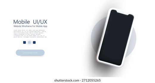 3d vector illustration of a modern white bezel smartphone with blank dark screen lying on light background for app ui ux mobile design mockup