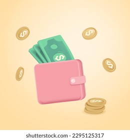 3d Vector illustration Money wallet with green cash, stack banknote and gold coins, Online payment concept.