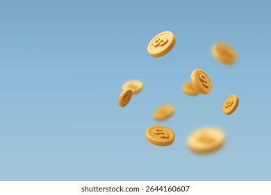 Ilustração vetorial em 3D de várias moedas de dólar dourado caindo pelo ar, simbolizando dinheiro, finanças, lucro e riqueza digital.