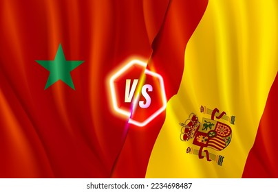 3d vector illustration with neon effect. Football match score template. Morocco ans Spain flags