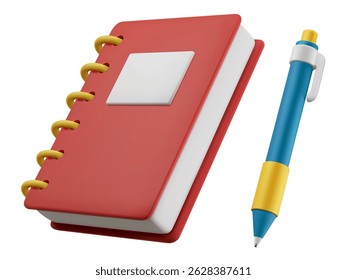 3d vector illustration of a notepad and ballpoint pen. Education and office concept. Back to school isolated design elements on a white background