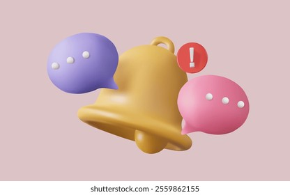 3d vector illustration of notification bell ringing with speech bubble and. Social Media element, New message, New alert, Reminder notification. new notification concept. Cartoon minimal style. Eps 10