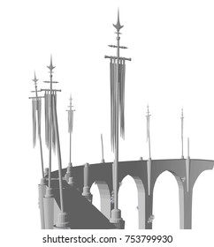 3D vector illustration of an old bridge with banners isolated on a white background