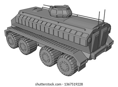Ilustración vectorial 3D sobre el fondo blanco de un vehículo militar blindado gris