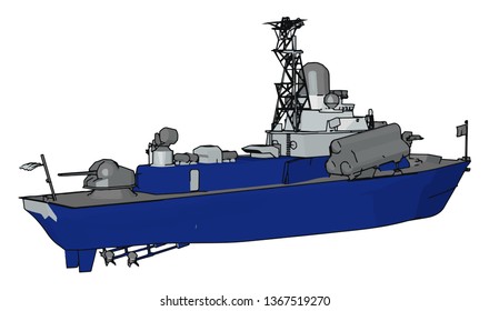 3D vector illustration on white background of a blue and grey military boat
