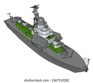 Ilustración vectorial 3D sobre el fondo blanco de un barco militar verde y gris