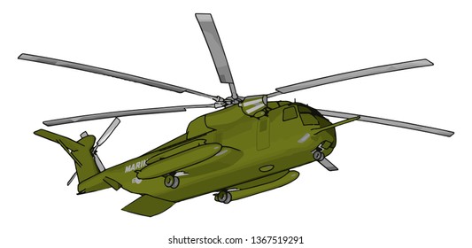 Ilustración vectorial 3D sobre el fondo blanco de un helicóptero militar verde