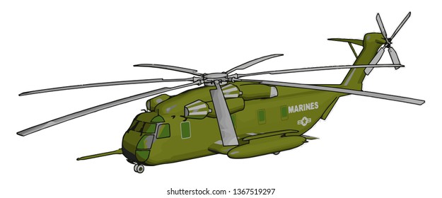 3D vector illustration on white background of a green military helicopter