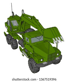 3D vector illustration on white background of green excavator machine