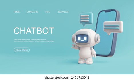 Ilustración vectorial 3D de un chatbot de Asistencia en línea con un teléfono y burbujas de voz, perfecto para la página de inicio de la Asistencia al cliente o la sección de contactos.