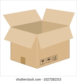 3d vector illustration of an open cardboard, with on one side several symbols of packaging.