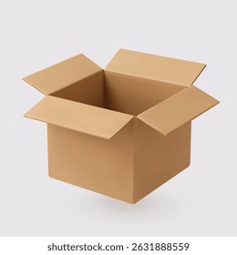 3D vector illustration of an open cardboard box, representing delivery, packaging, shipping, logistics, and e-commerce concepts.