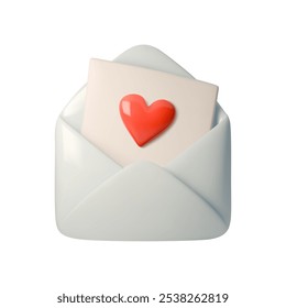 3D vector illustration of an open envelope with card featuring red heart. Simple, romantic symbol perfect for love, Valentines Day, messages, or wedding invitations. Ideal for digital designs