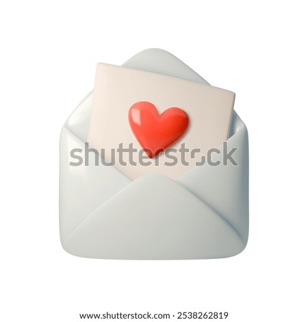 3D vector illustration of an open envelope with card featuring red heart. Simple, romantic symbol perfect for love, Valentines Day, messages, or wedding invitations. Ideal for digital designs