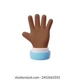 3D vector illustration of an open hand with spread fingers, representing a gesture of openness or a high-five, with a light blue wristband.