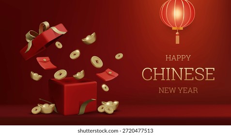 Ilustração vetorial 3D da caixa de presente vermelha aberta com moedas de ouro voador e lingotes. Conceito para feliz cartão de cumprimentos de ano novo chinês. Luxo e premium festivo fundo feriado banner modelo.