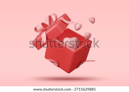 3D vector illustration of open red gift box with floating pink hearts. Concept for Valentine's day surprise present and romantic love celebration. Minimalist and clean modern festive design template.