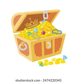 3D vector illustration of open treasure box full of coins, gold bars, pearl necklaces, diamonds, gems, crown and jewelry