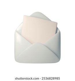 Ilustração vetorial 3D de um envelope branco aberto com cartão em branco dentro. Design minimalista e limpo, ideal para representar comunicação, convites ou mensagens em branding, marketing